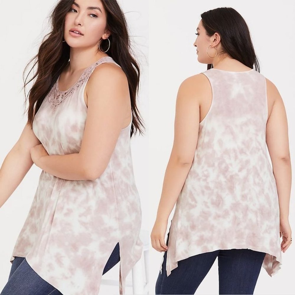 TORRID Super Soft V-Neck Crochet‎ Insert Sharkbite Hem Tie Dye Tank Sz 1
